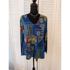 Attitudes by Renee Top Women MP Aztec Blue Orange Abstract Art LiquidKnit Blouse